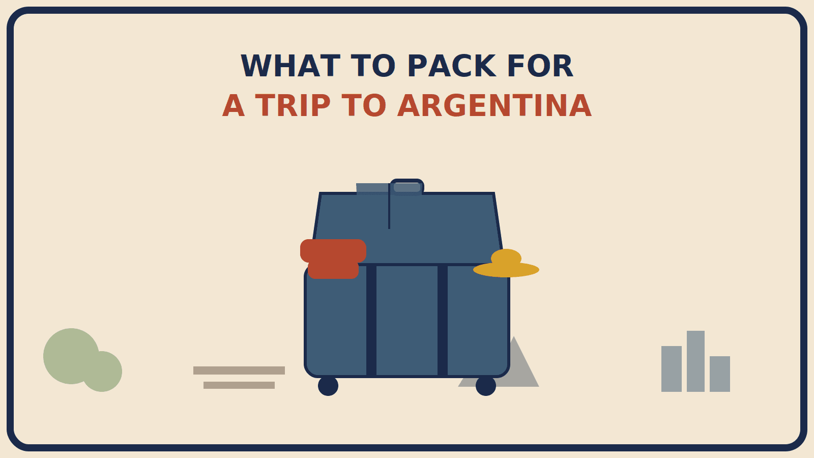 Open suitcase with a rust-red windbreaker, a mustard-gold wide-brimmed hat, and jeans laid across the top, with jungle, desert, mountain, and skyline vignettes behind it