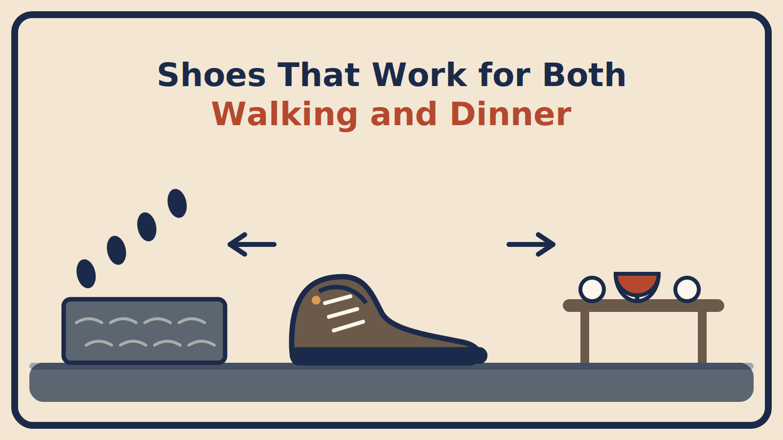 Illustration of a single low-profile leather shoe between a cobbled street with footprints and a set dinner table, with the title Shoes That Work for Both Walking and Dinner