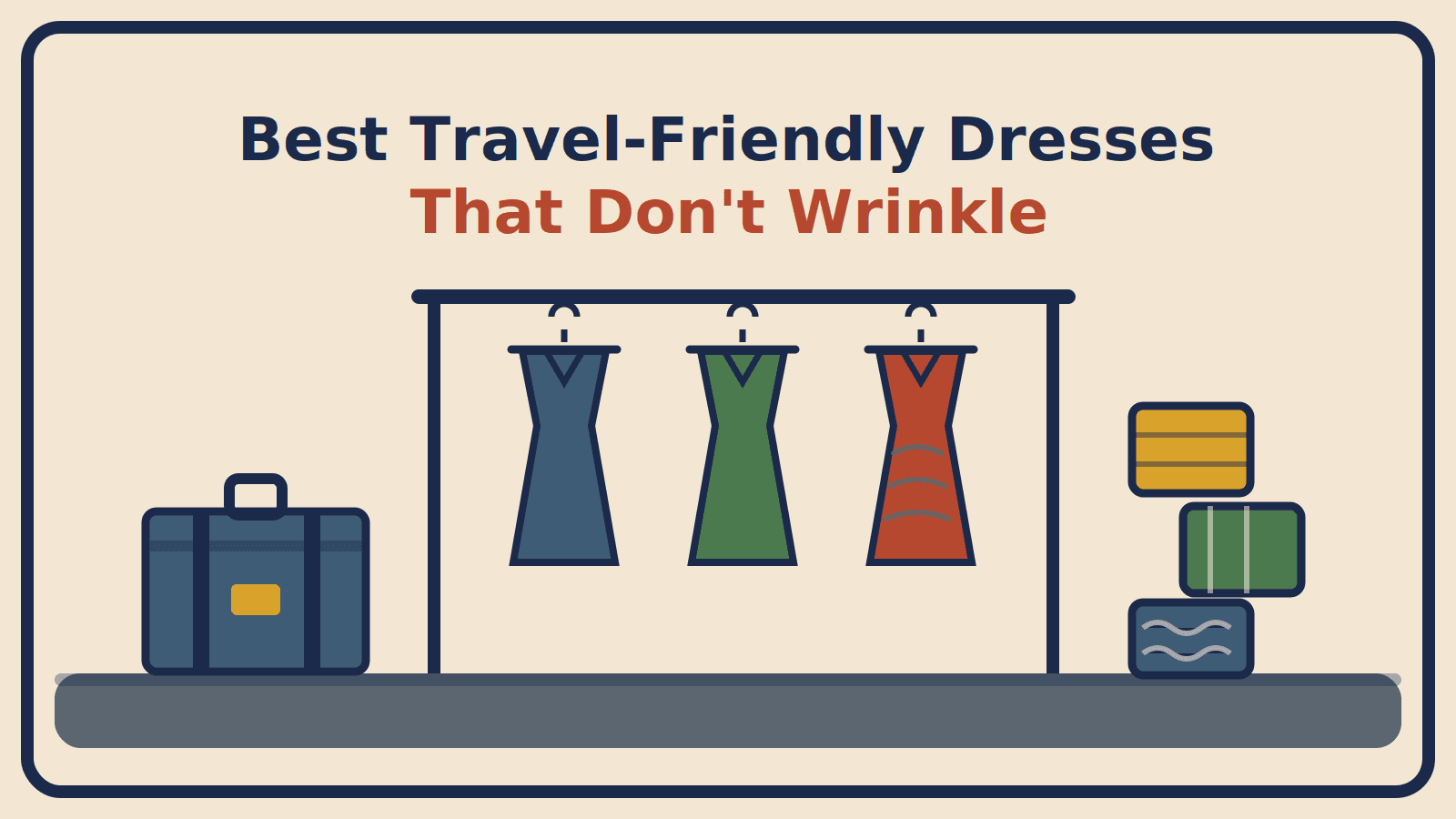 Illustration of three dresses on a rail, one showing creases, beside a suitcase and three fabric swatches, with the title Best Travel-Friendly Dresses That Don't Wrinkle