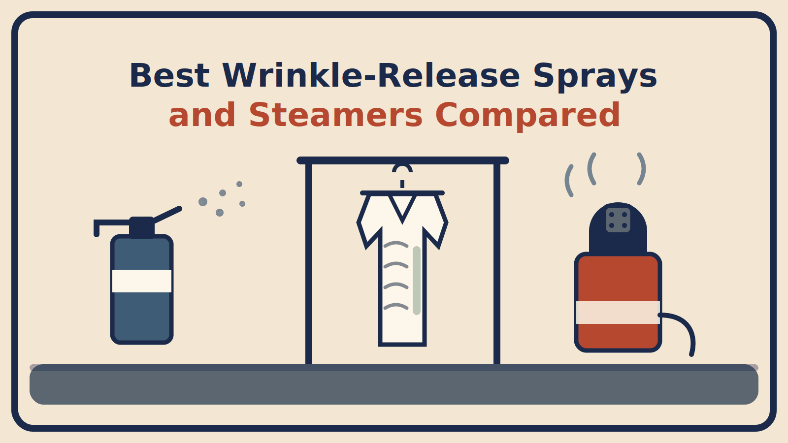 Illustration of a spray bottle misting, a half-wrinkled shirt on a rail, and a handheld steamer with steam rising, with the title Best Wrinkle-Release Sprays and Steamers Compared