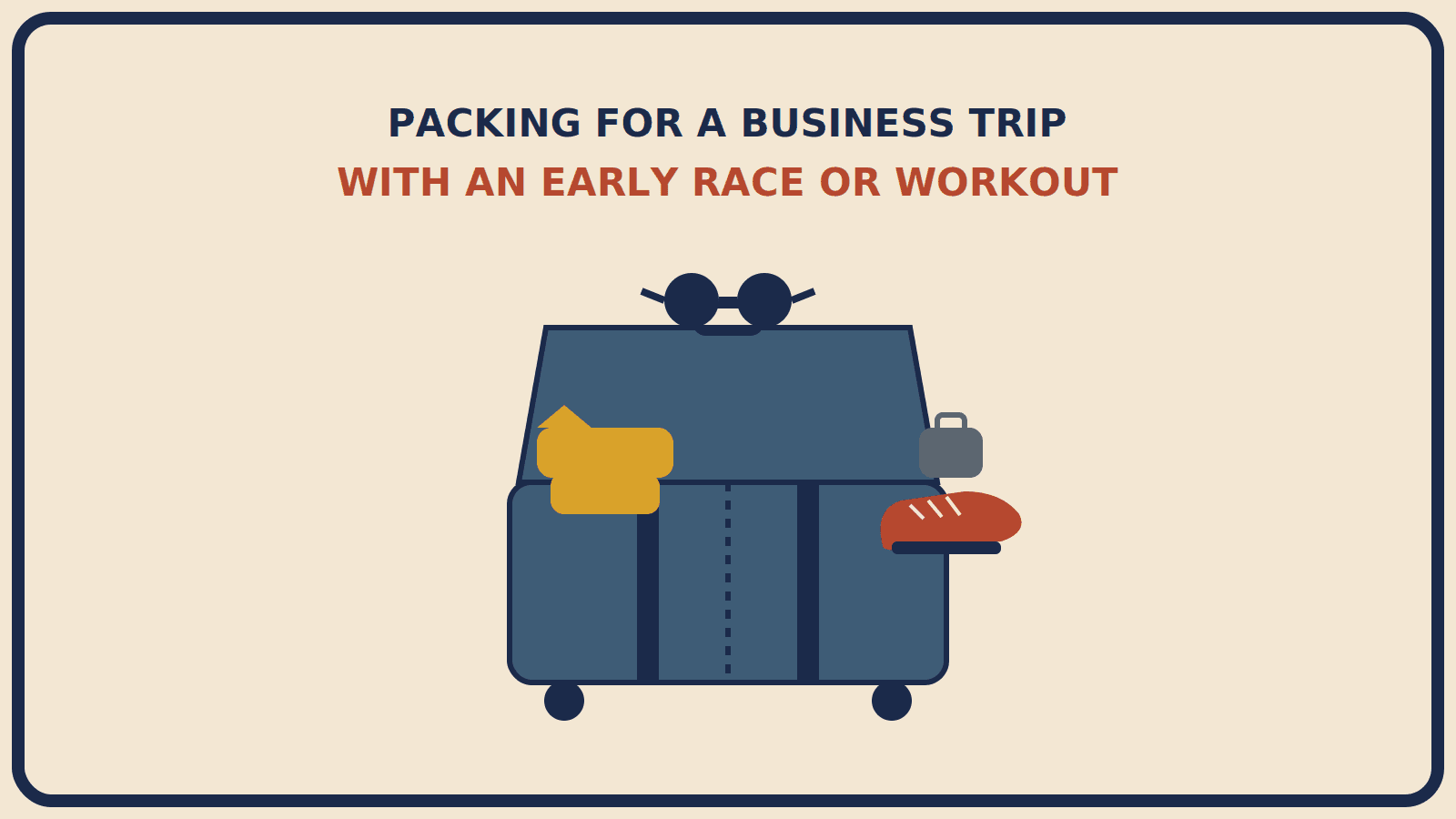 Suitcase split down the middle with a folded blazer on one side and running shoes, sunglasses, and a small gel pouch on the other