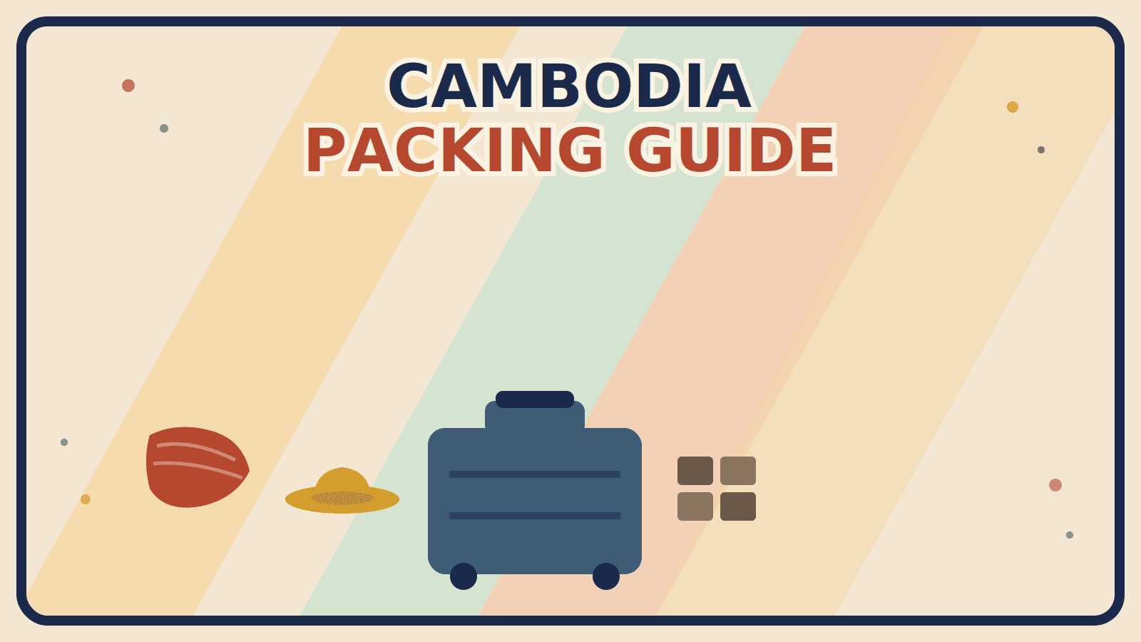 A rust-red draped sarong, a mustard-gold sun hat, and a muted brown grid of folded-garment icons arranged around a steel-blue suitcase on a multi-color background.