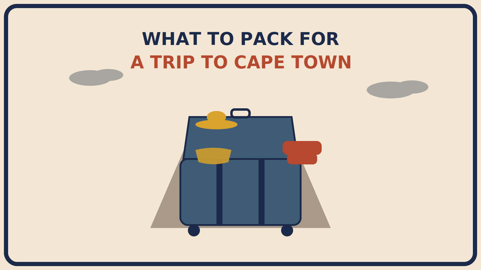 Open suitcase with a mustard-gold sun hat and swimsuit on one side and a rust-red windbreaker on the other, set against a flat-topped mountain shape