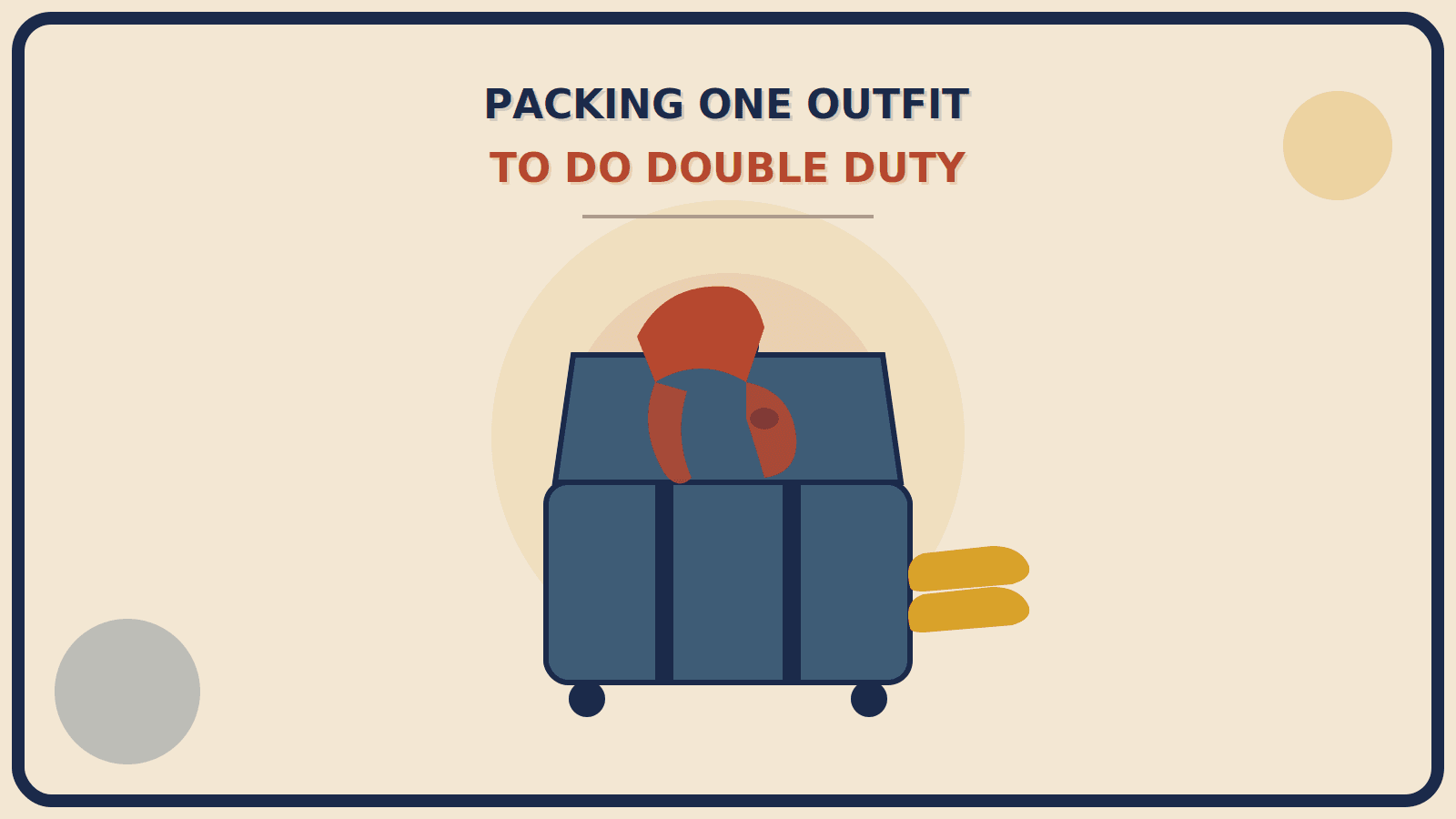 Open suitcase with a rust-red garment shown half draped as a shawl and half tied as a cover-up, beside a pair of mustard-gold sturdy flat shoes