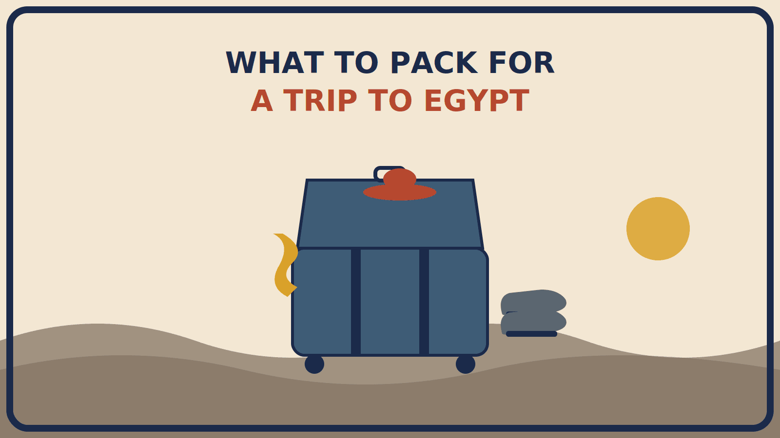 Open suitcase with a mustard-gold scarf draped over the edge, a rust-red wide-brimmed hat on top, and walking shoes beside it, set against desert dunes