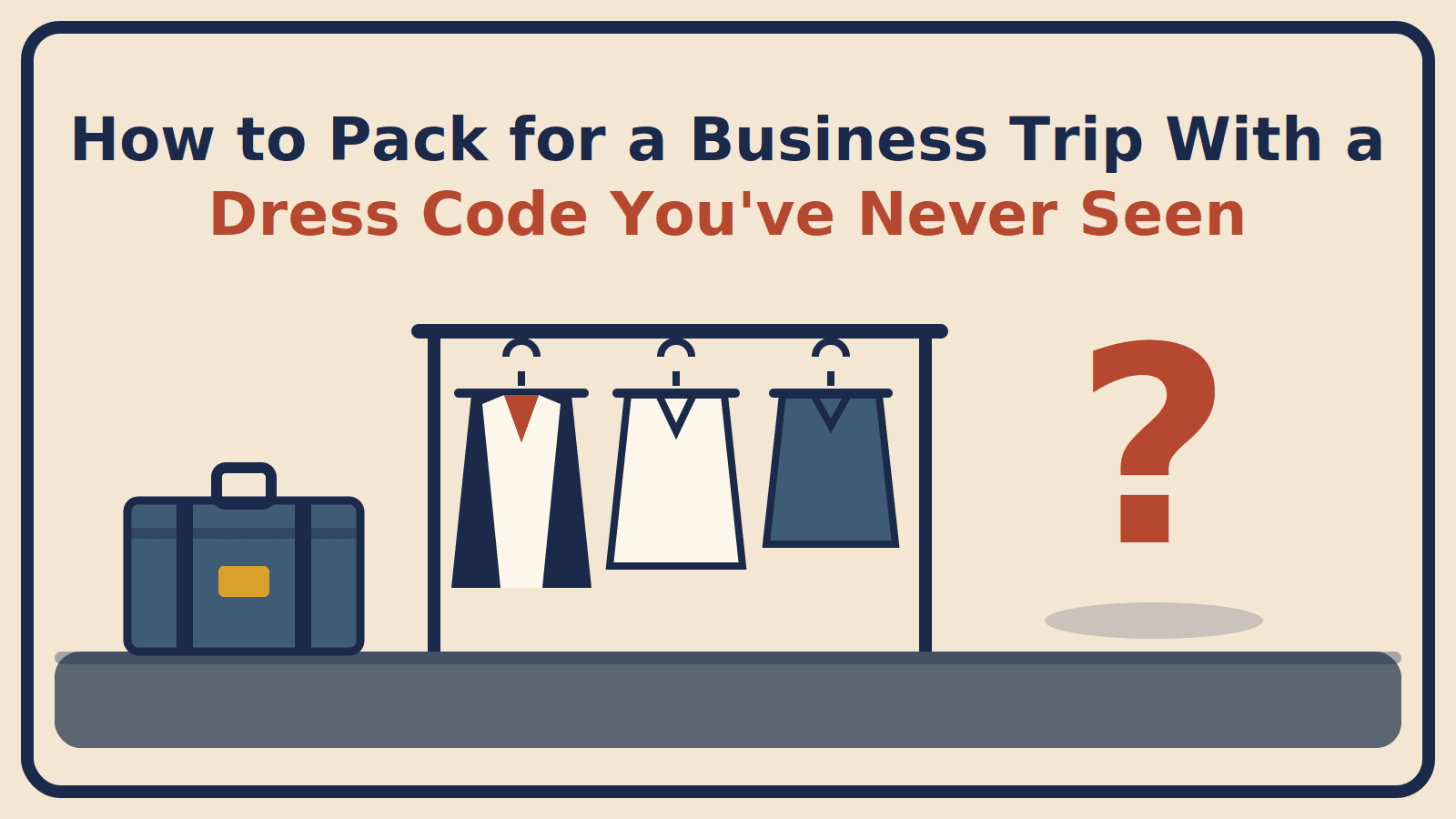Illustration of a suitcase beside a garment rail holding a suit, a shirt and a polo, with a large question mark, and the title How to Pack for a Business Trip With a Dress Code You've Never Seen
