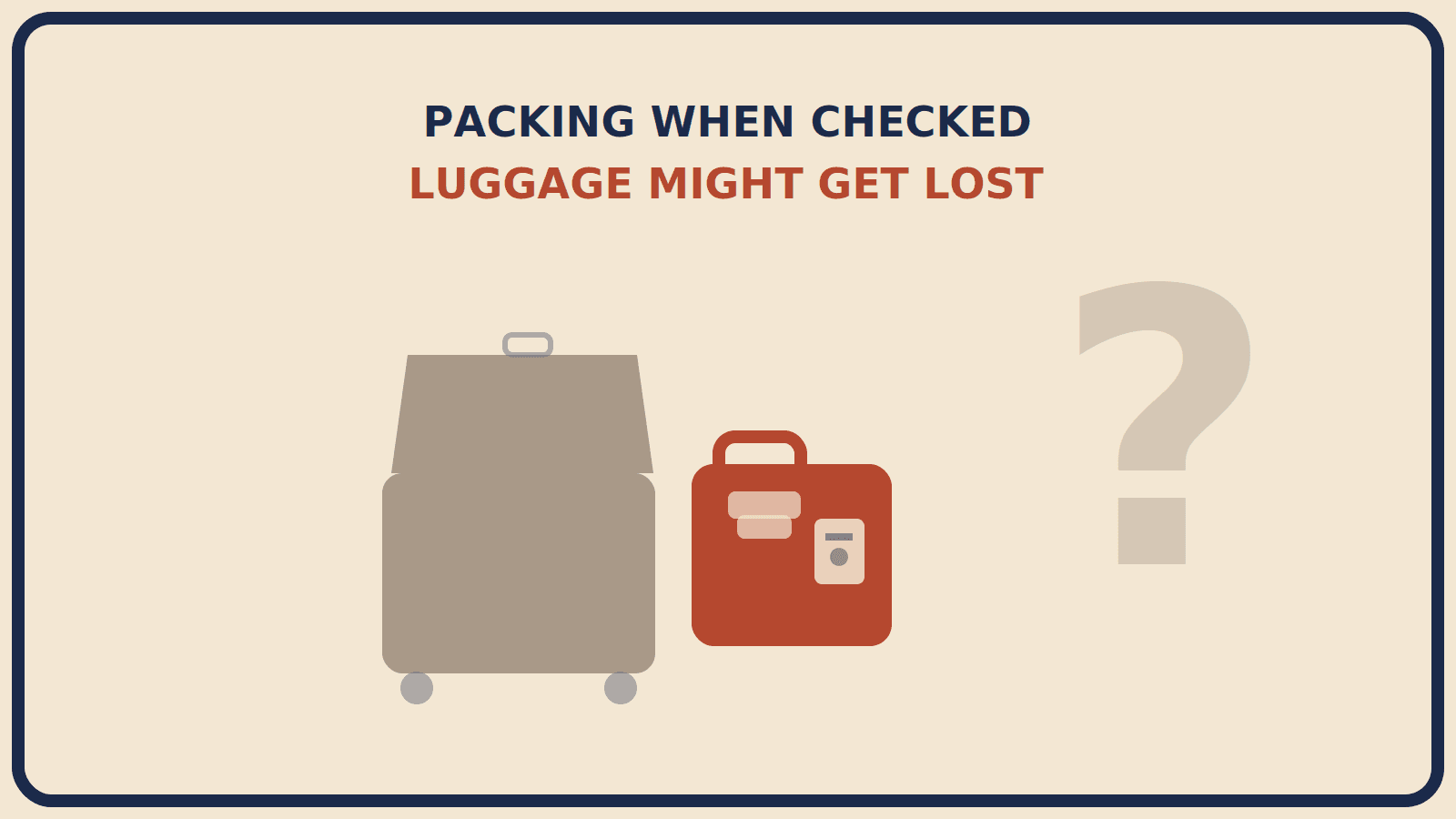 Suitcase split into a fading muted-brown checked-bag half and a rust-red personal-item bag holding a folded outfit and a passport, with a large question mark