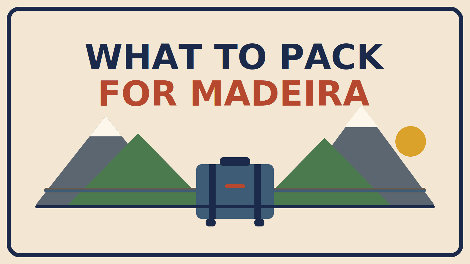 Illustrated suitcase in front of green and slate mountain peaks with a levada channel running across the slopes