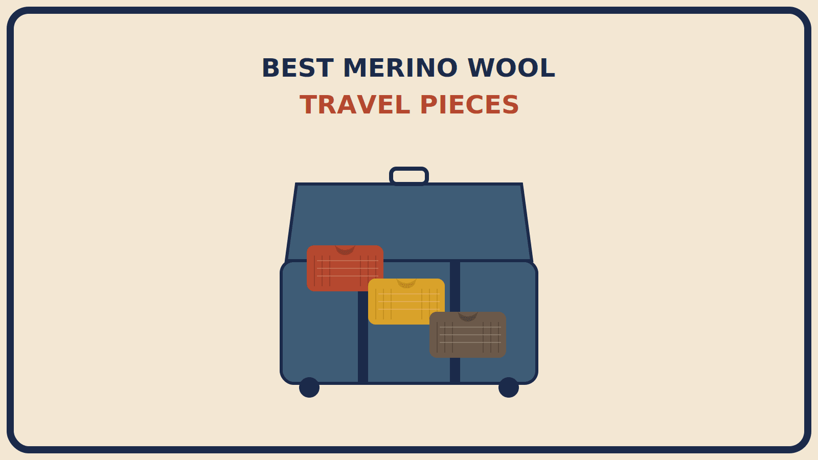Open suitcase with three neatly folded knit merino shirts in rust-red, mustard-gold, and muted brown stacked inside