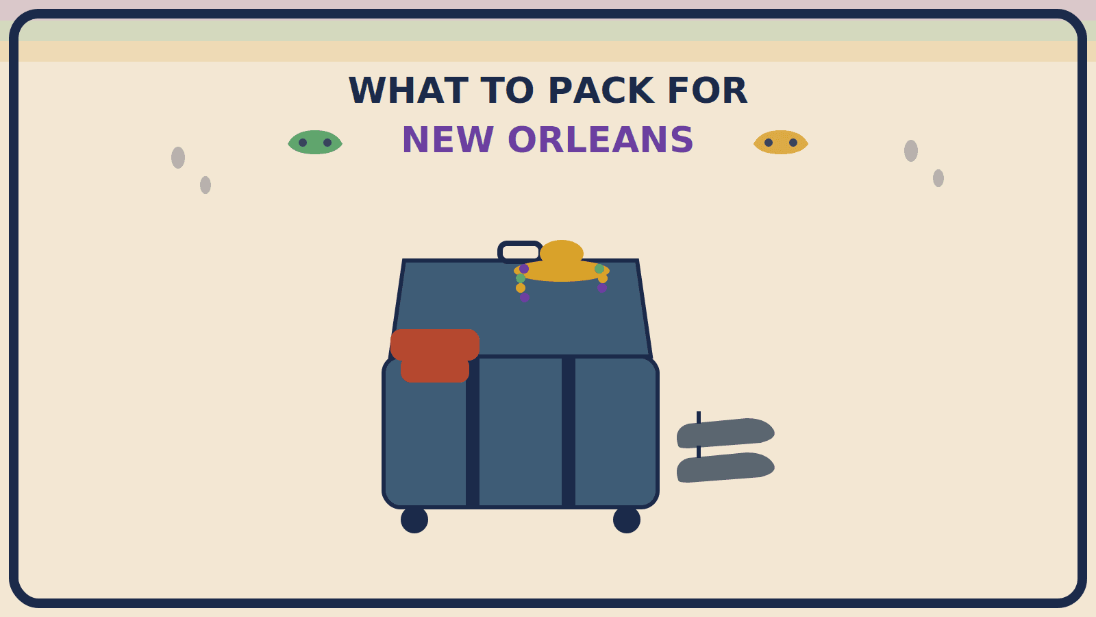 Open suitcase with a mustard-gold sun hat and a compact rust-red folded poncho on top, supportive sandals in front, and small raindrop shapes above