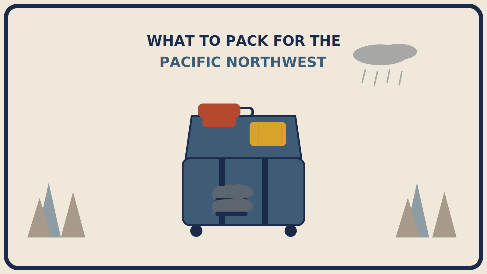 Open suitcase with a rust-red waterproof rain jacket folded on top, a mustard-gold knit sweater beside it, and hiking boots in front, set against layered evergreen trees and falling rain