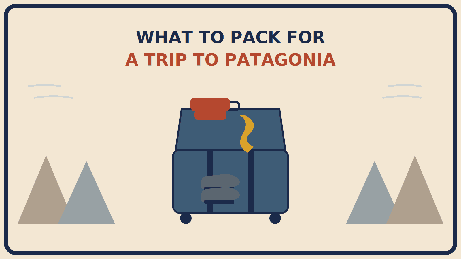 Open suitcase with a rust-red waterproof shell folded on top, a mustard-gold buff beside it, and hiking boots in front, set against angular mountain peaks and wind lines