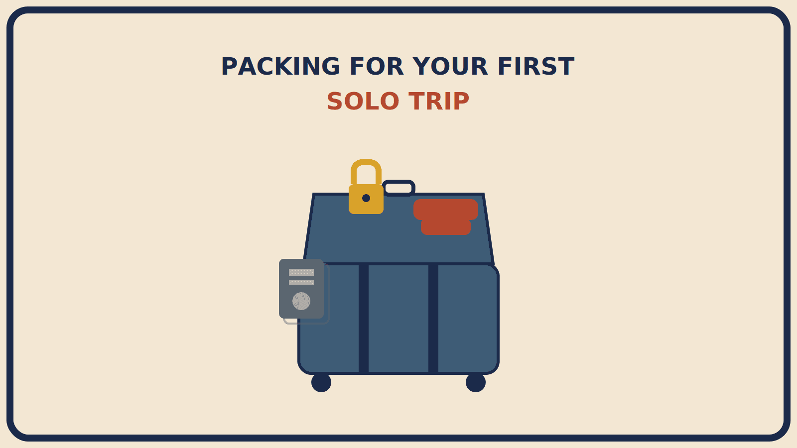 Open suitcase with a mustard-gold padlock and a folded rust-red quick-dry towel on top, and a passport shape with a faint copy outline behind it