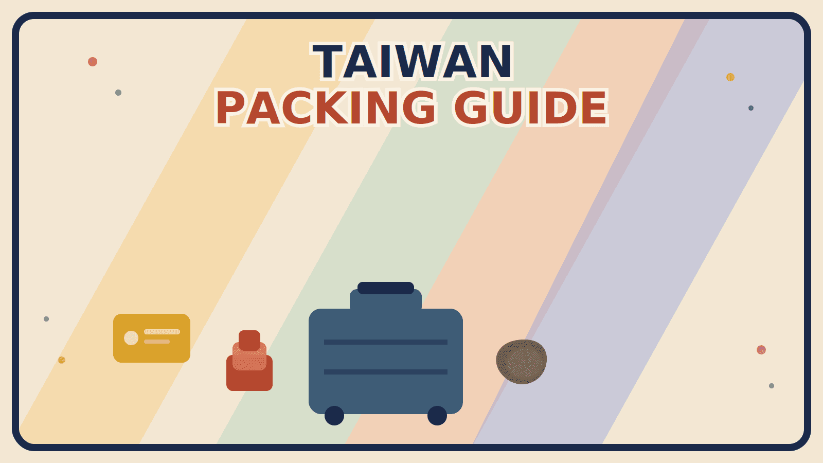 A mustard-gold EasyCard-style rectangle, a rust-red layered-clothing icon, and a muted brown travel pillow arranged around a steel-blue suitcase on a multi-color background.