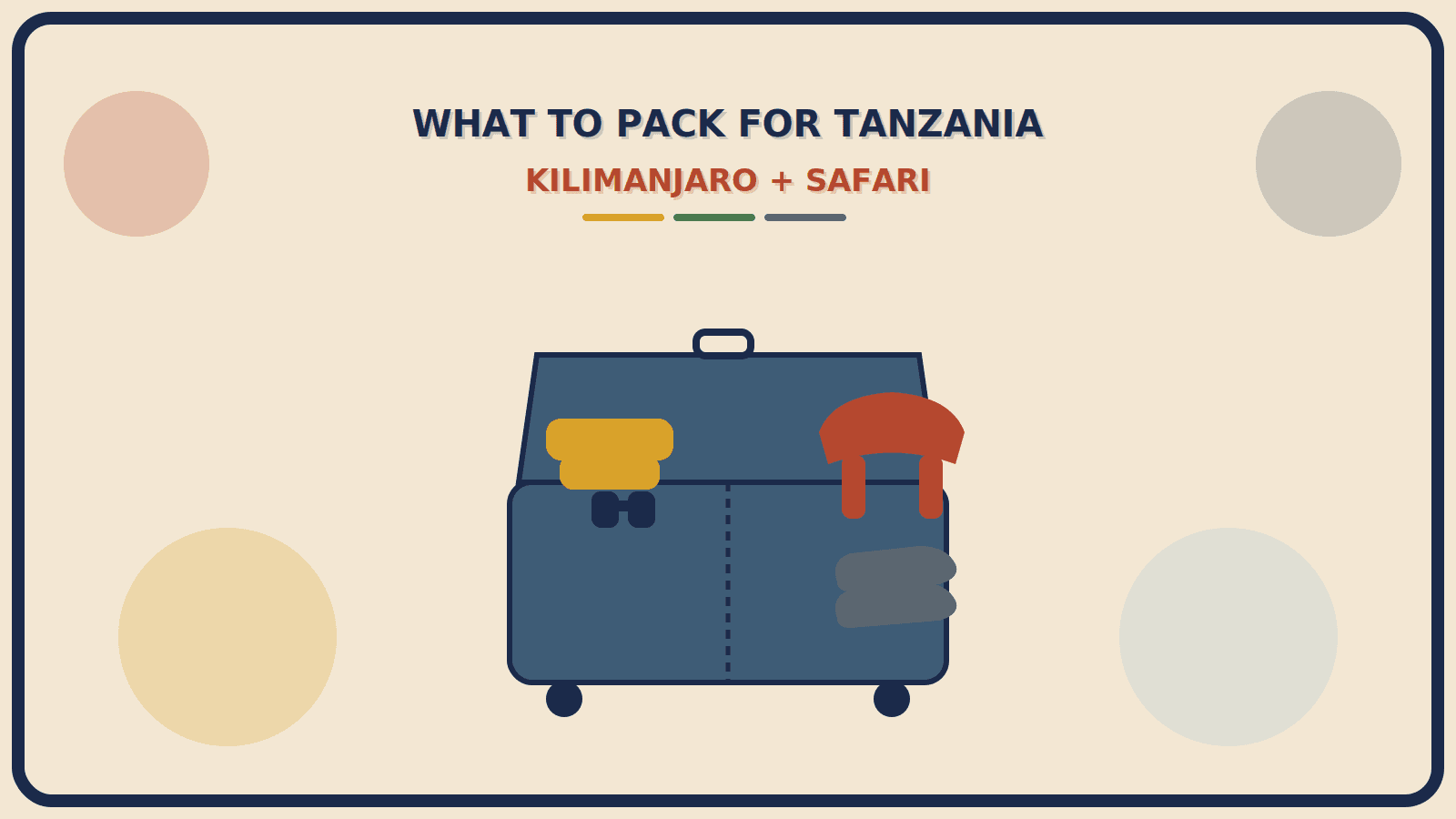 Suitcase split down the middle, one side a mustard-gold khaki shirt and binoculars for safari, the other a rust-red insulated jacket and trekking boots for Kilimanjaro