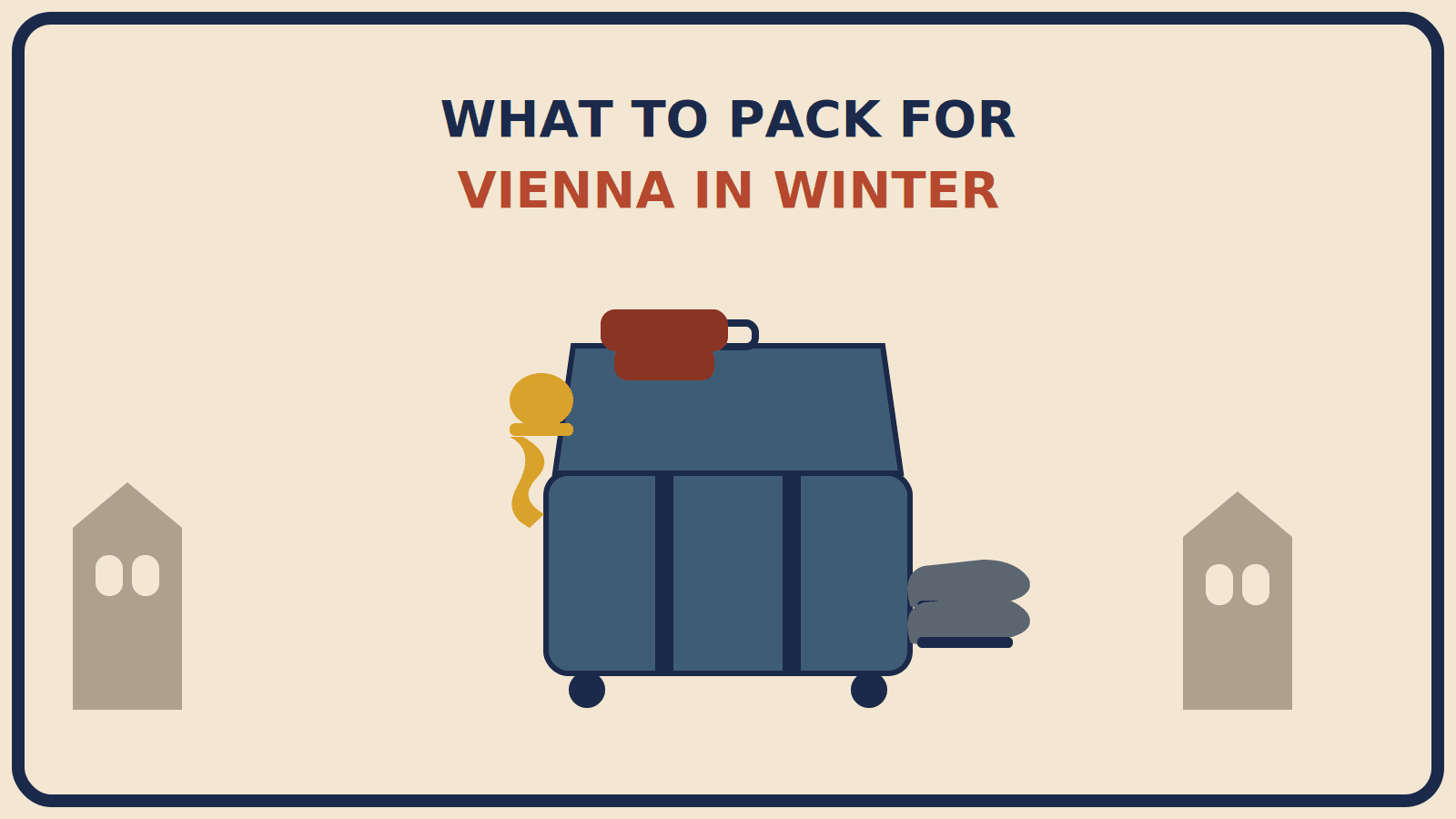 Open suitcase with a dark rust-red warm jacket folded on top, a mustard-gold hat and scarf beside it, and waterproof boots in front, set against an elegant city street