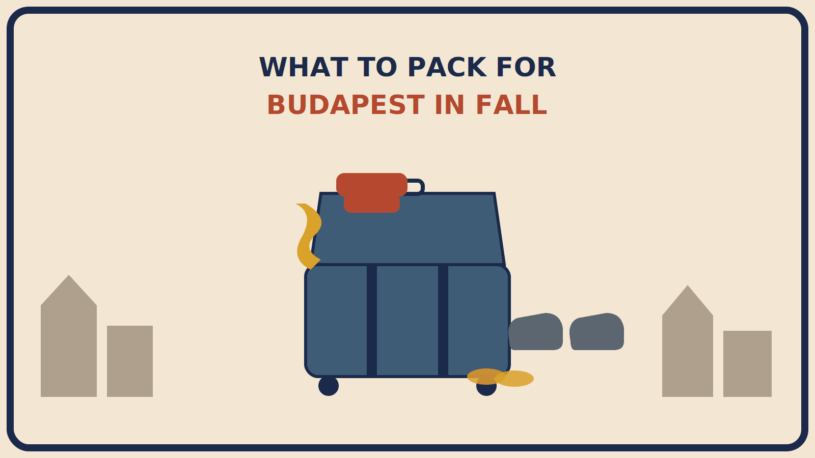 Open suitcase with a rust-red mid-weight jacket folded on top, a mustard-gold scarf beside it, ankle boots in front, and slide sandals peeking from one corner
