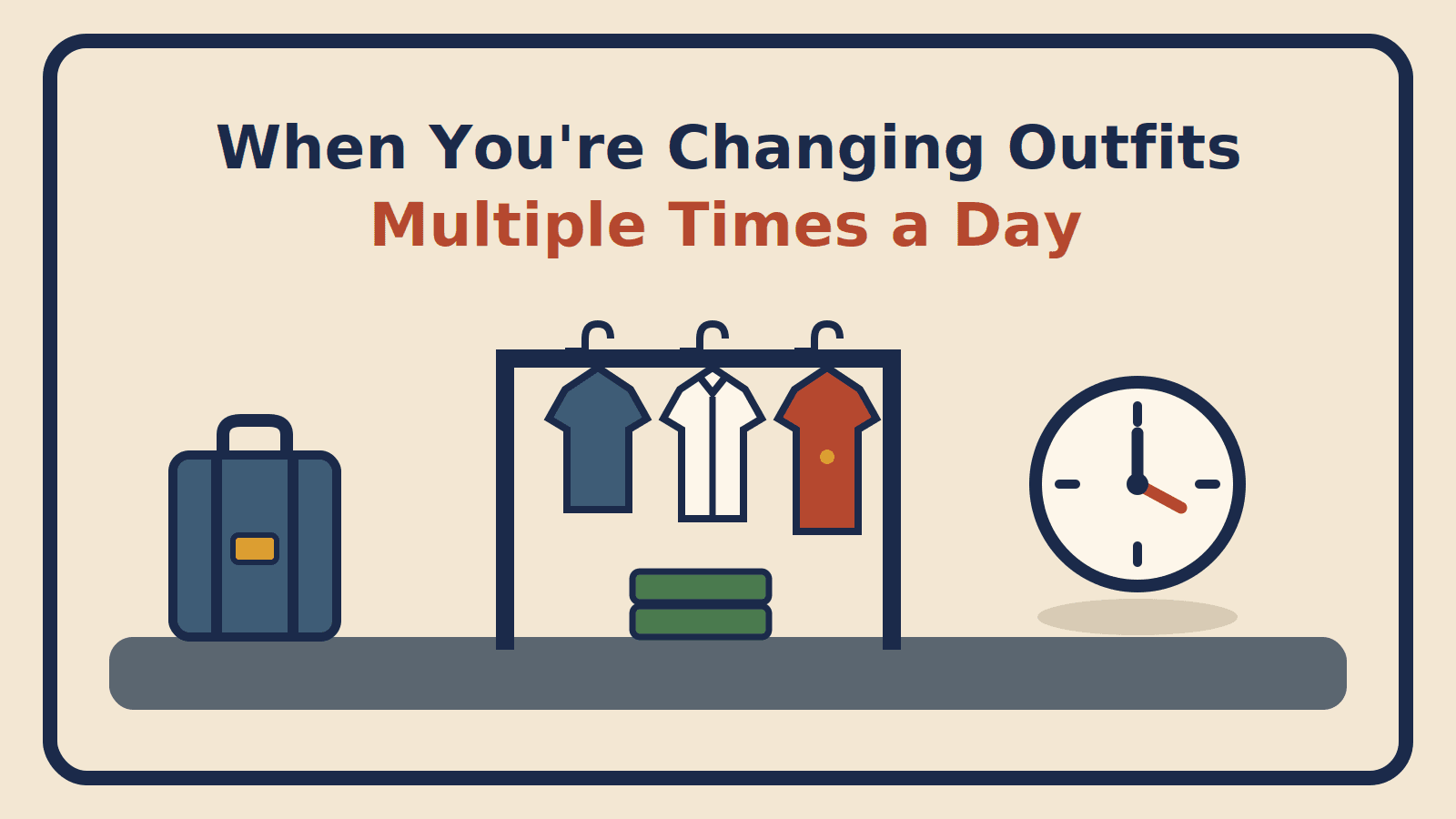 Suitcase beside a garment rack of three swappable tops over shared folded bottoms with a clock nearby, for a packing guide about multiple daily outfit changes