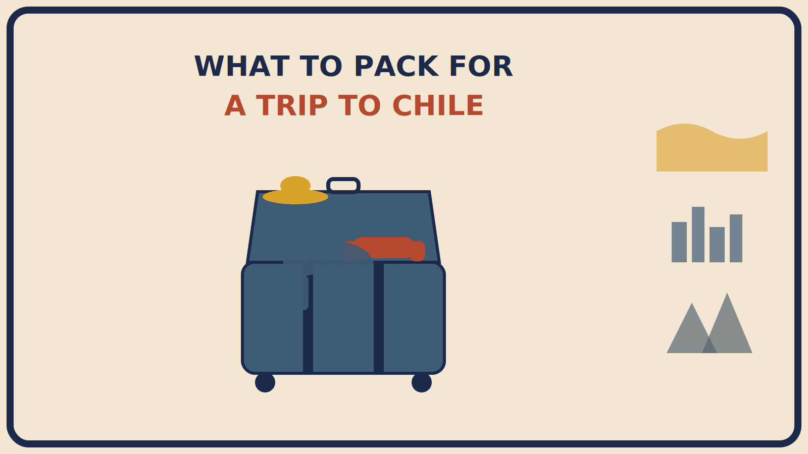 Open suitcase with a mustard-gold sun hat, a rust-red fleece layer, and a steel-blue windbreaker emerging from it, set against a vertical strip of desert, city, and mountain terrain