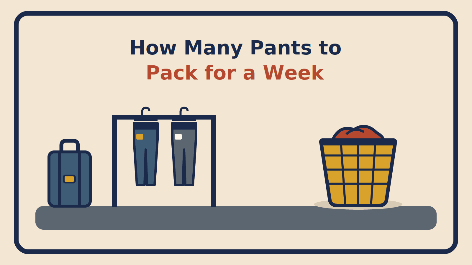 Two pairs of trousers on a garment rack beside a suitcase and a laundry basket