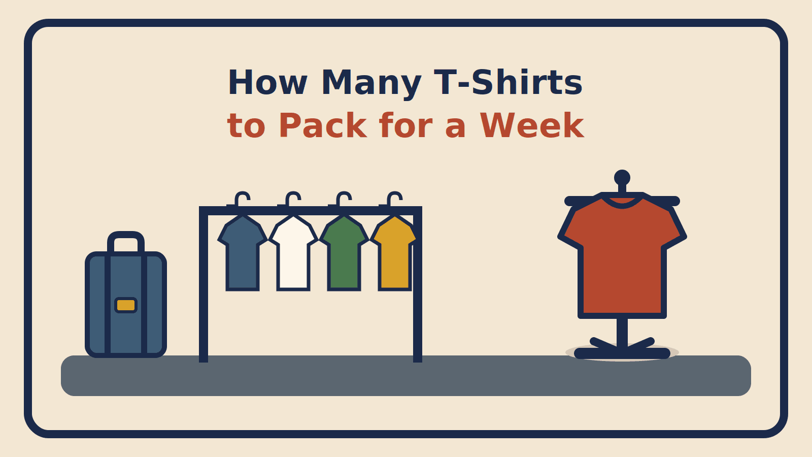 Four t-shirts on a garment rack beside a suitcase and one oversized shirt airing out on a valet stand