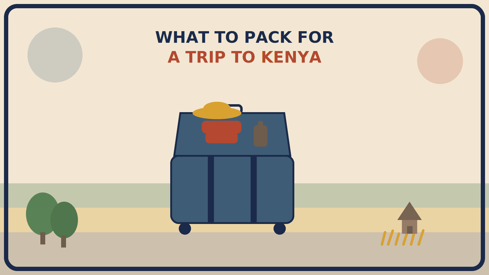 Open suitcase with a mustard-gold wide-brimmed hat and rust-red lightweight jacket folded on top, a muted-brown repellent bottle beside them, and green forest, golden savanna, and village hut vignettes behind