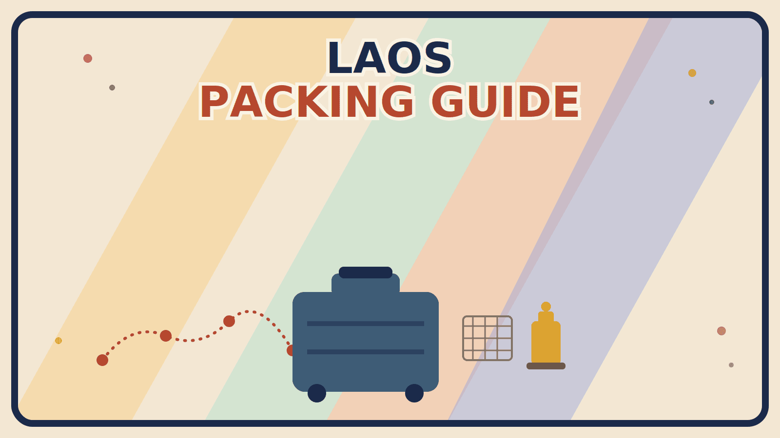 A rust-red dotted route line between town markers, a muted brown mosquito-net hatch pattern, and a mustard-gold lantern arranged around a steel-blue suitcase on a multi-color background.