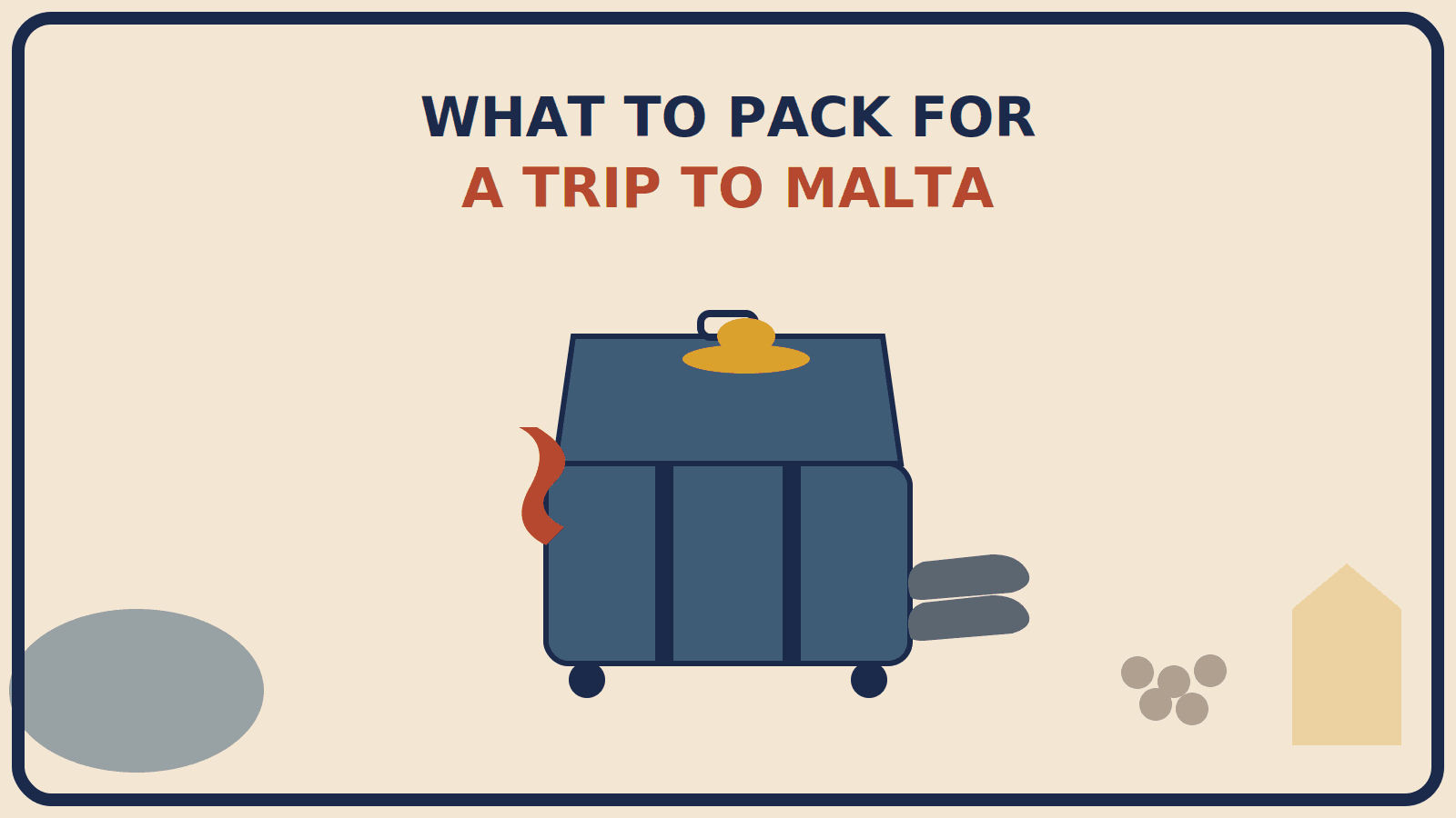 Open suitcase with a rust-red scarf draped over one side, a mustard-gold sun hat on top, and water shoes in front, beside cove, cobblestone, and limestone vignettes