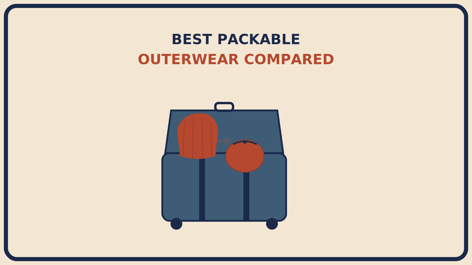 Open suitcase with a rust-red puffer jacket bundle shown half puffy and half folded into a small stuff-sack shape