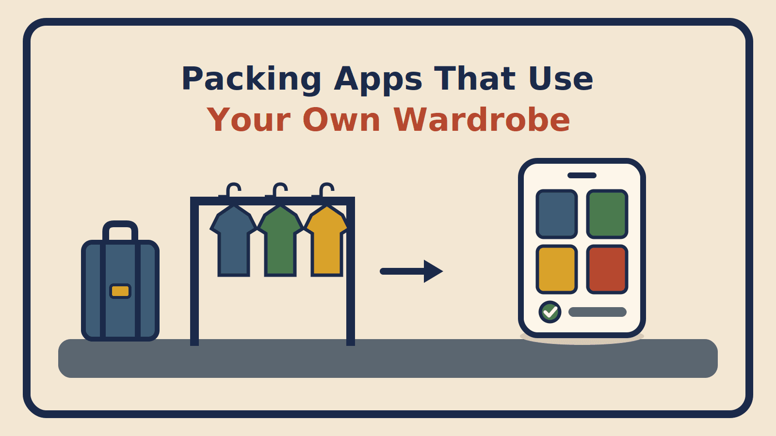Garment rack of real clothes feeding into a phone showing the same garments selected for a trip