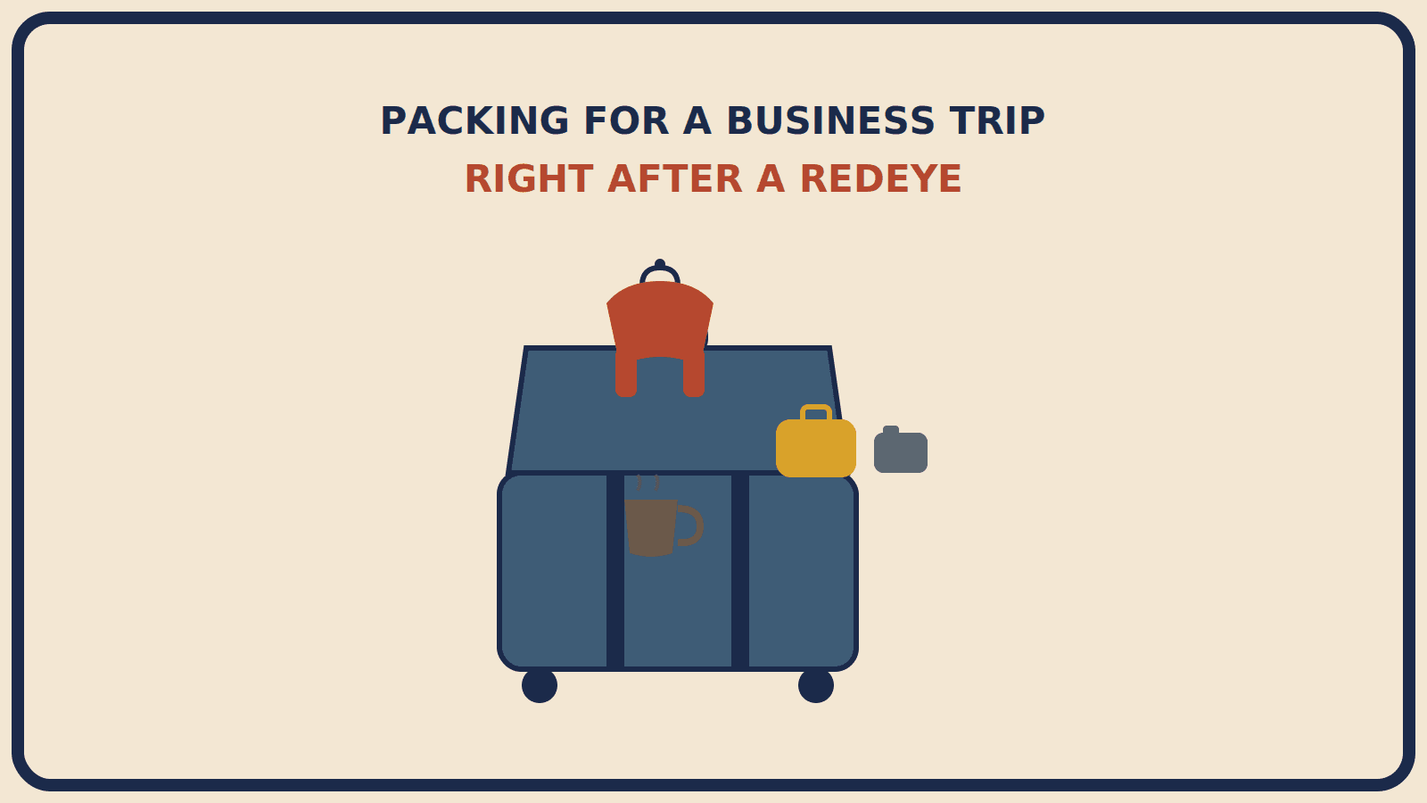 Open suitcase with a wrinkle-resistant rust-red shirt hanging ready, a compact mustard-gold freshening pouch, and face wipes beside a small coffee cup shape