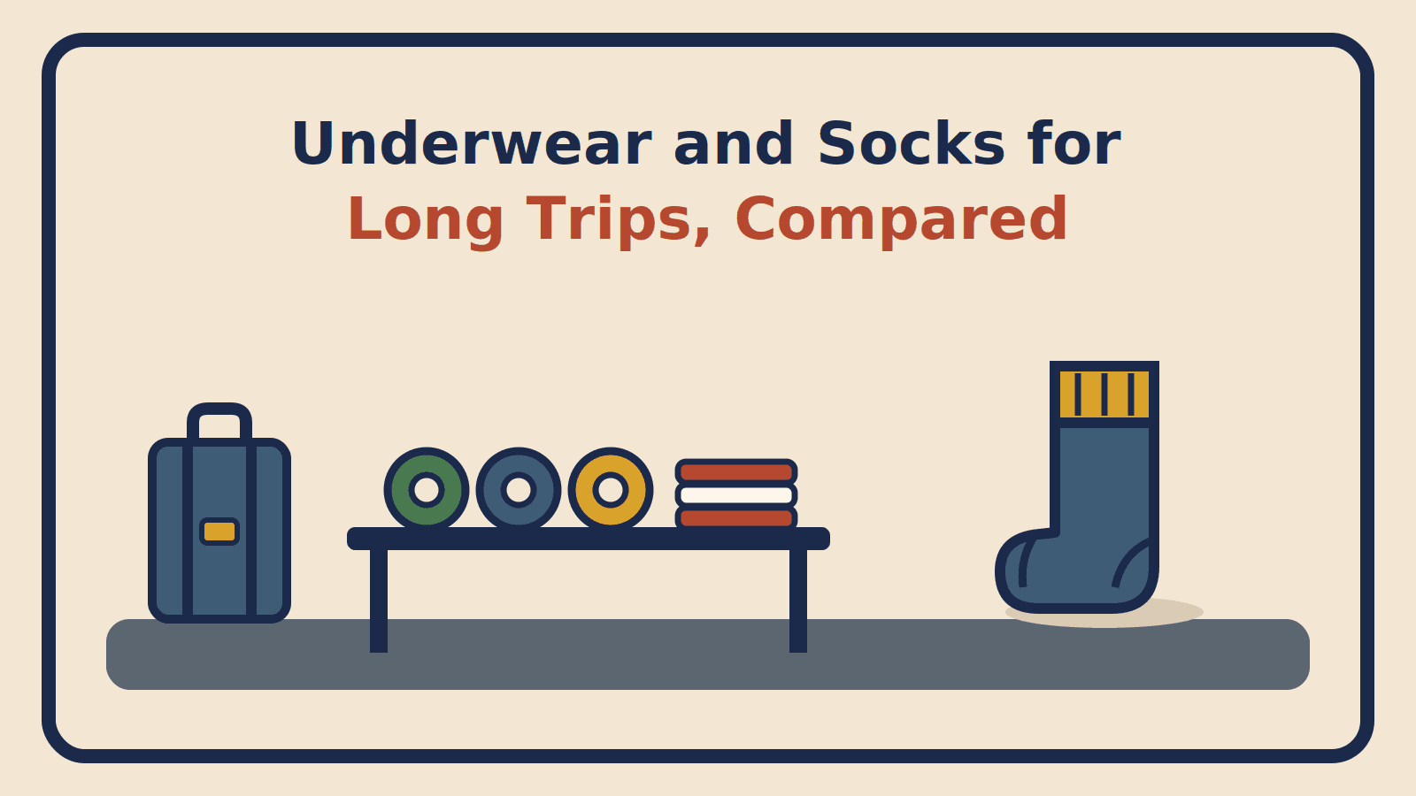 Rolled socks and folded underwear on a counter beside a suitcase and a large ribbed sock