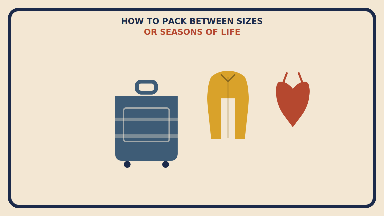 Flat geometric suitcase illustration with a mustard heavy jacket and a rust-red swimsuit shape side by side, titled How to Pack Between Sizes or Seasons of Life