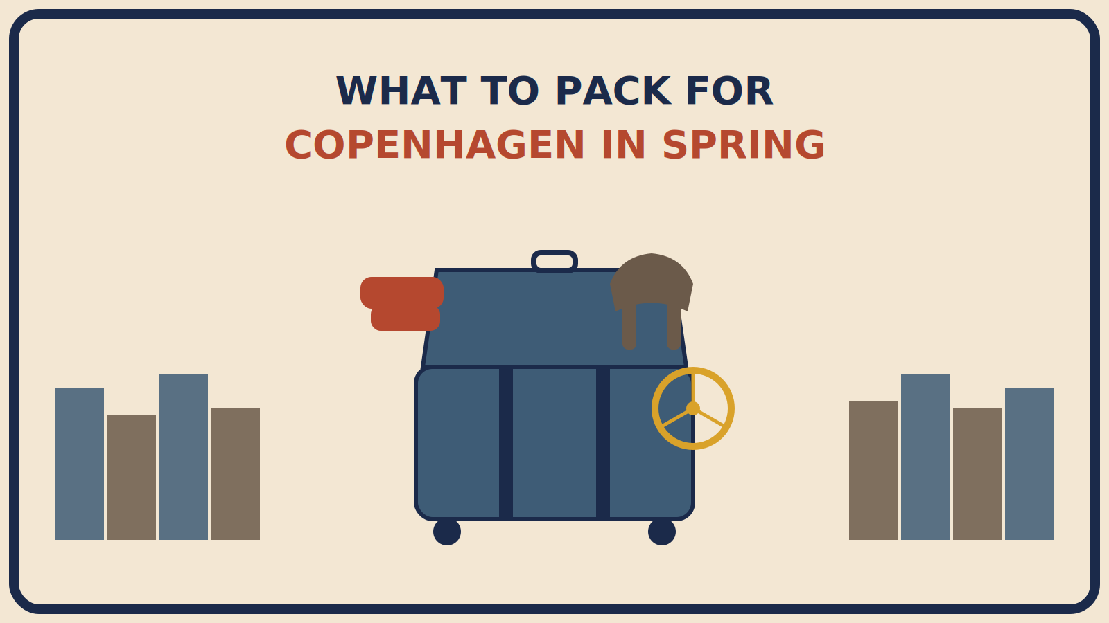 Open suitcase with a folded rain shell, a dark dressier garment, and a small bicycle wheel shape beside it, set against an abstract Nordic townscape