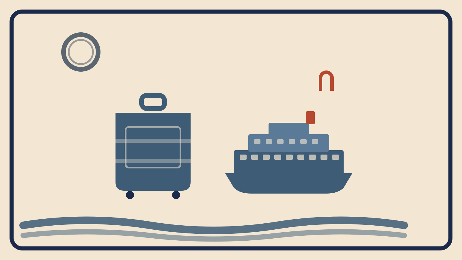 Flat geometric illustration of a steel-blue cruise ship on wave shapes beside a suitcase with a slate-grey porthole and a rust-red hook icon