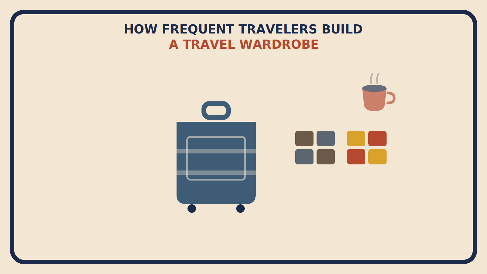 Flat geometric suitcase and an espresso cup in the background with two clusters of clothing shapes, one muted brown and slate-grey, one mustard and rust-red