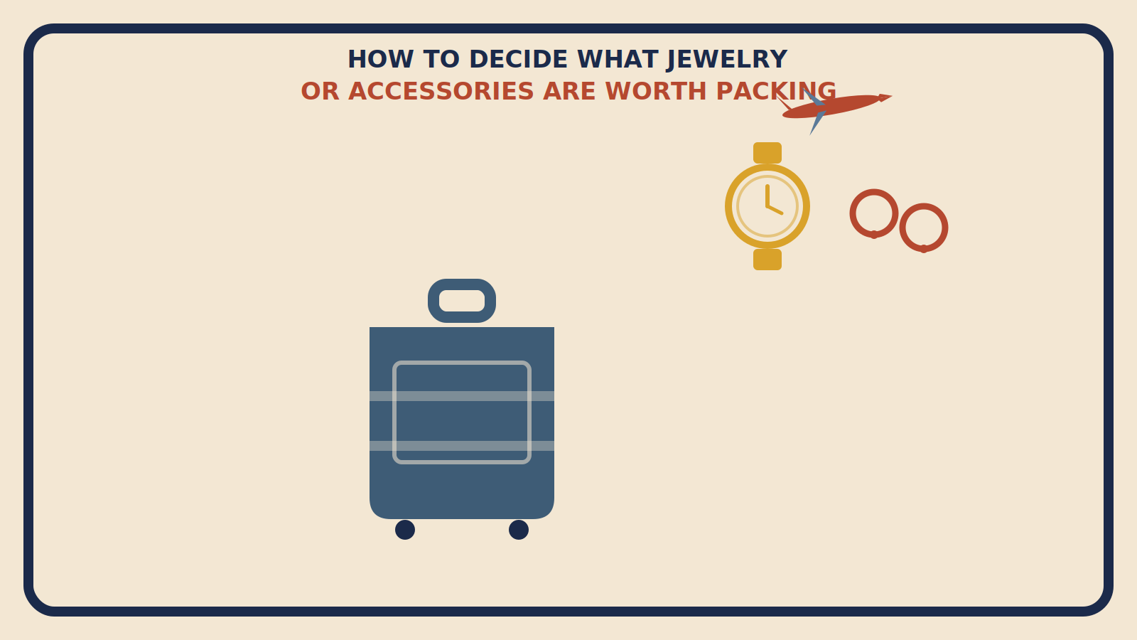 Flat geometric suitcase illustration with a mustard watch, rust-red hoop earrings, and a rust-red airplane arranged neatly above it, titled How to Decide What Jewelry or Accessories Are Worth Packing