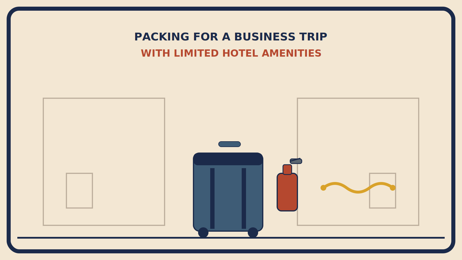 Suitcase beside a spray bottle and a coiled power cord, set against a plain outline of two compact hotel rooms