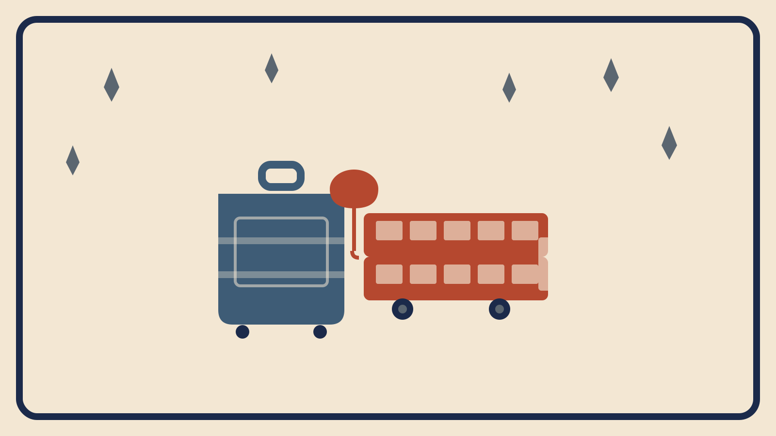 Flat geometric suitcase illustration with a rust-red double decker bus silhouette and slate-grey angular raindrops above