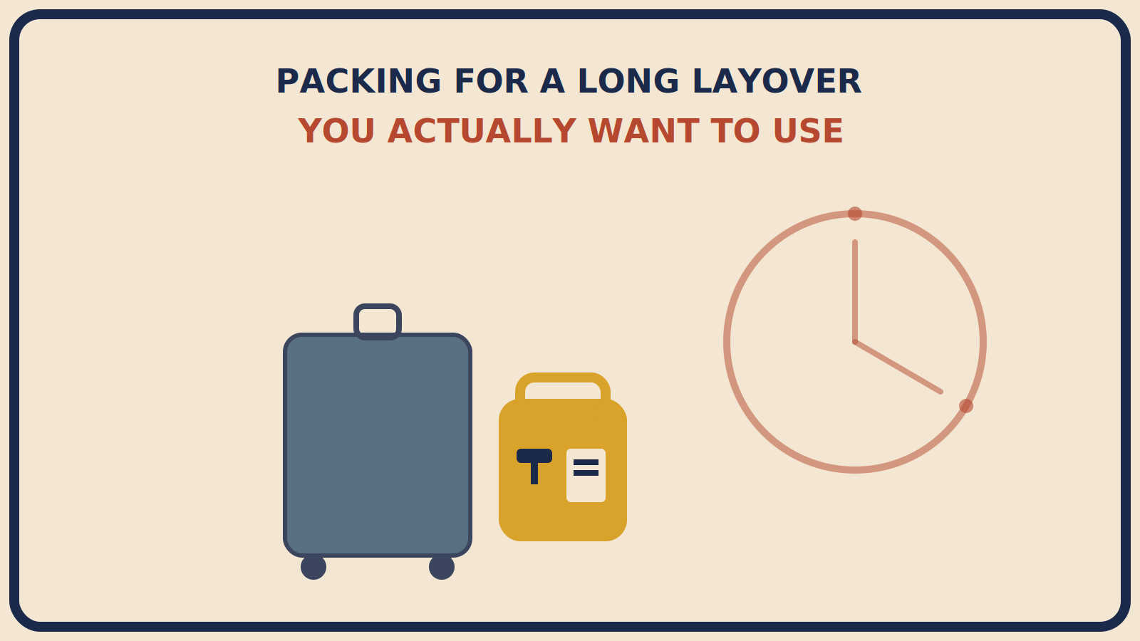 Stored suitcase beside a small daypack holding a phone charger and passport, with an abstract clock face showing a wide time gap