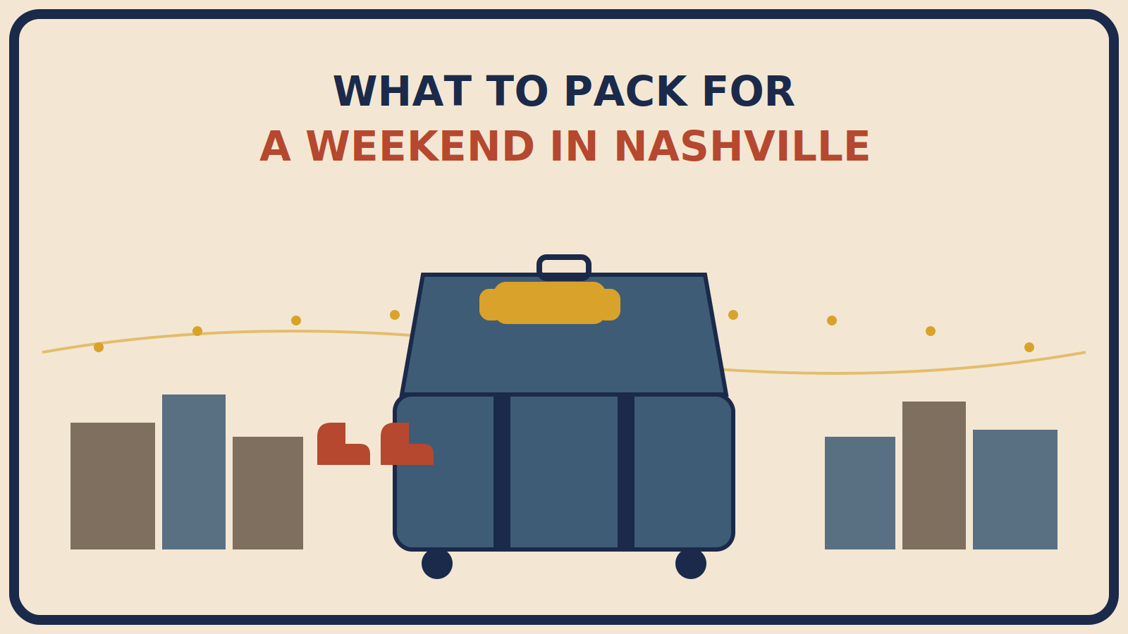 Half-open suitcase with a folded denim jacket and a pair of boots beside it, set against an abstract downtown skyline strung with string lights