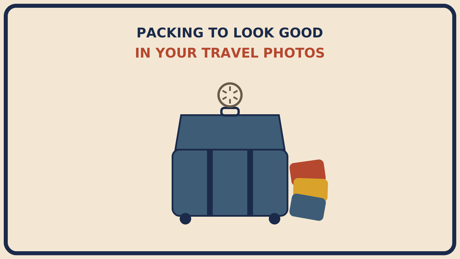 Open suitcase with three coordinated garment shapes fanned beside it in rust-red, mustard-gold, and steel-blue, with a small camera-shutter icon above
