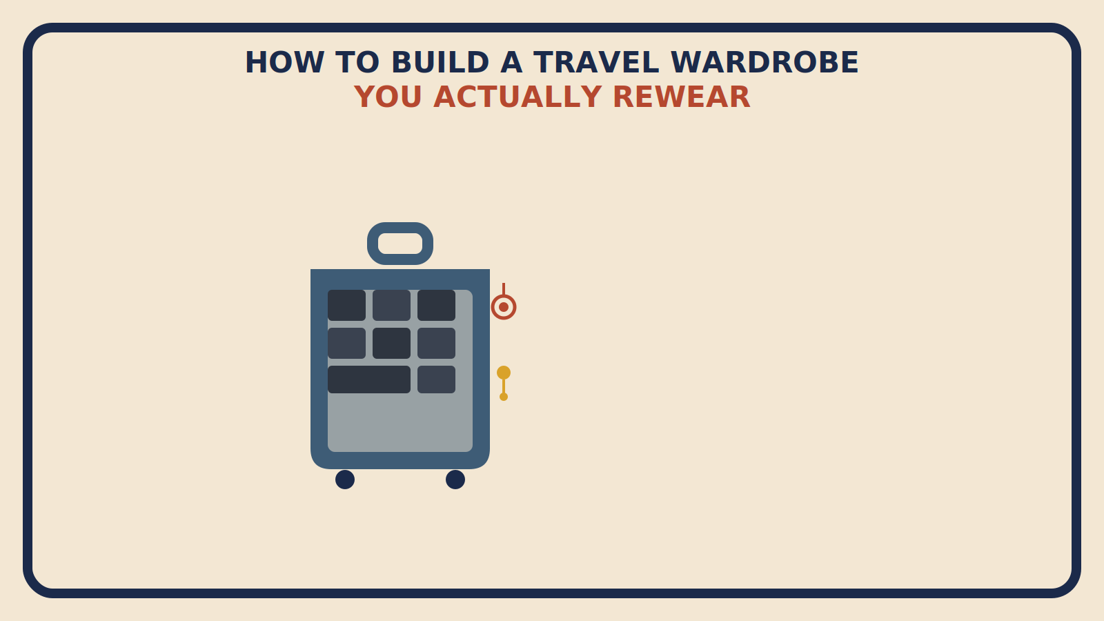 Flat geometric suitcase illustration with a tightly coordinated grid of charcoal clothing shapes and a rust-red pendant accent, titled How to Build a Travel Wardrobe You Actually Rewear
