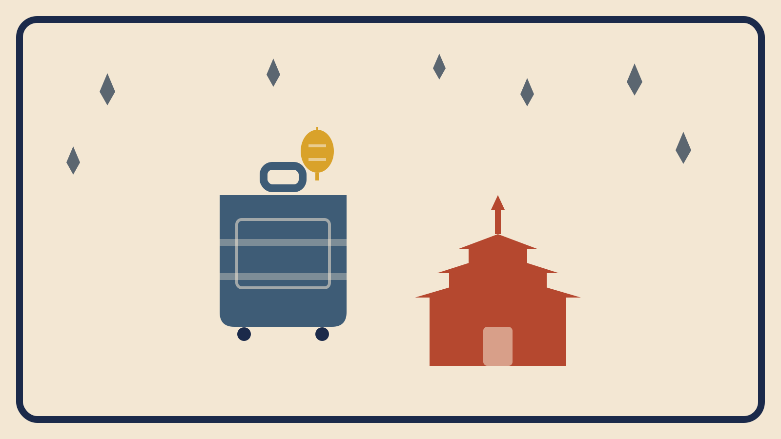 Flat geometric suitcase illustration with a mustard lantern, a rust-red temple roofline, and slate-grey raindrops above
