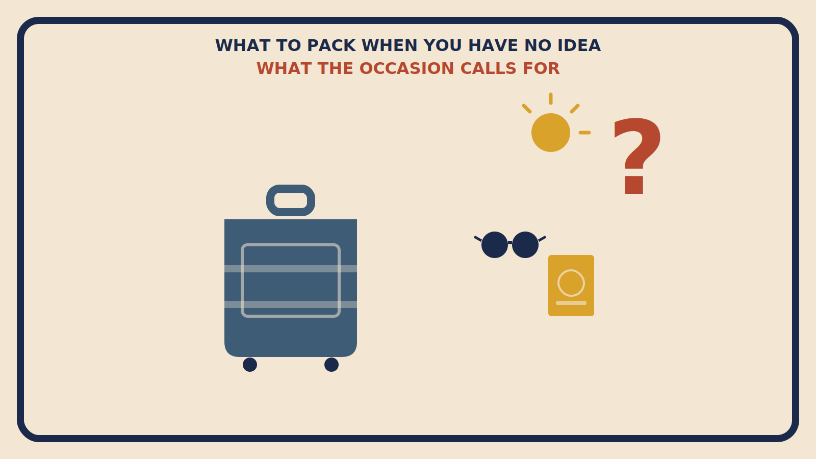 Flat geometric suitcase illustration with a rust-red question mark, sunglasses, a passport, and a sun shape, titled What to Pack When You Have No Idea What the Occasion Calls For