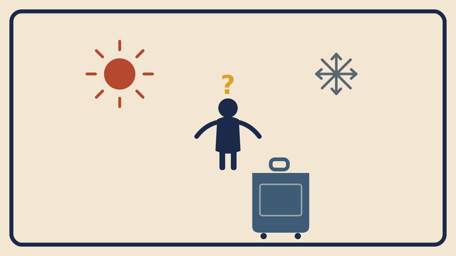 Flat geometric illustration of a suitcase with a person shape between a rust-red sun icon and a slate-grey snowflake icon, weighing both options